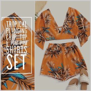 NWOT: Tropical Crop Top & Pom Pom Shorts Set